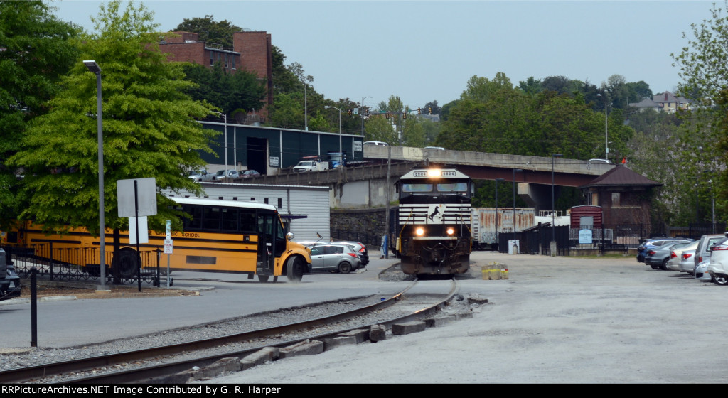 School bus from Roanoke Catholic school gets into position to load the kids who had come to Lynchburg to visit the Amazement Square activity center.